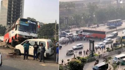 এনা পরিবহনের একটি বাস রোড ডিভাইডার ভেঙে মাইক্রোবাসের ওপরে