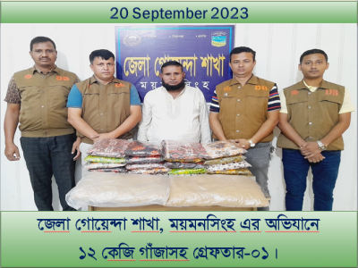 ময়মনসিংহ ডিবি পুলিশের অভিযানে ১২ কেজি গাঁজাসহ গ্রেফতার ১