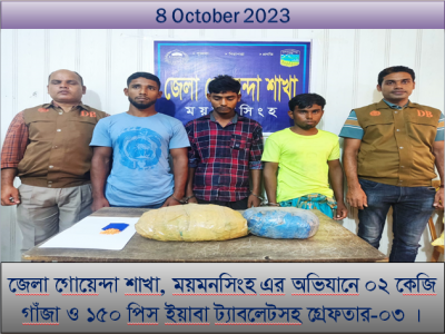 ময়মনসিংহ ডিবির অভিযানে ২ কেজি গাঁজা ও ১৫০ পিস ইয়াবা ট্যাবলেটসহ গ্রেফতার-৩