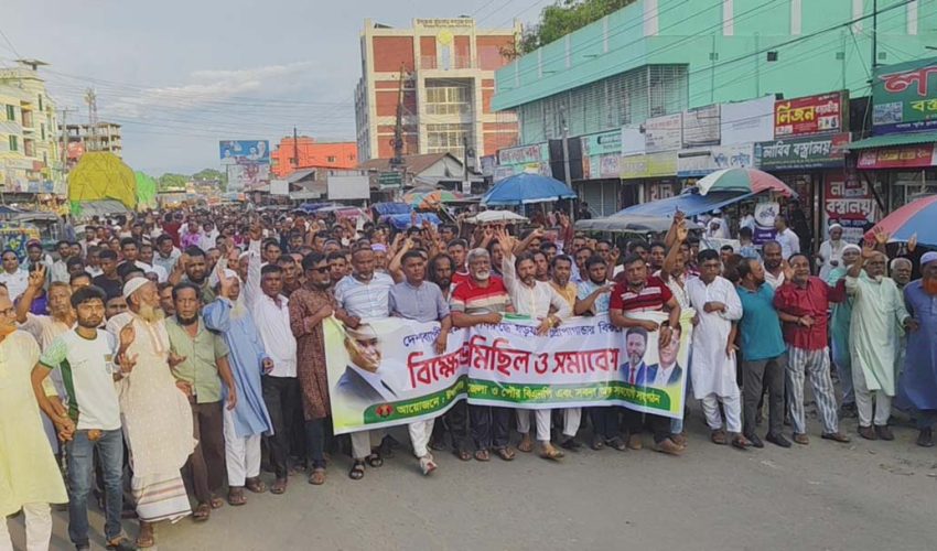 বিএনপির বিরুদ্ধে ষড়যন্ত্র ও প্রোপাগান্ডার প্রতিবাদে ঈশ্বরগঞ্জে বিক্ষোভ মিছিল